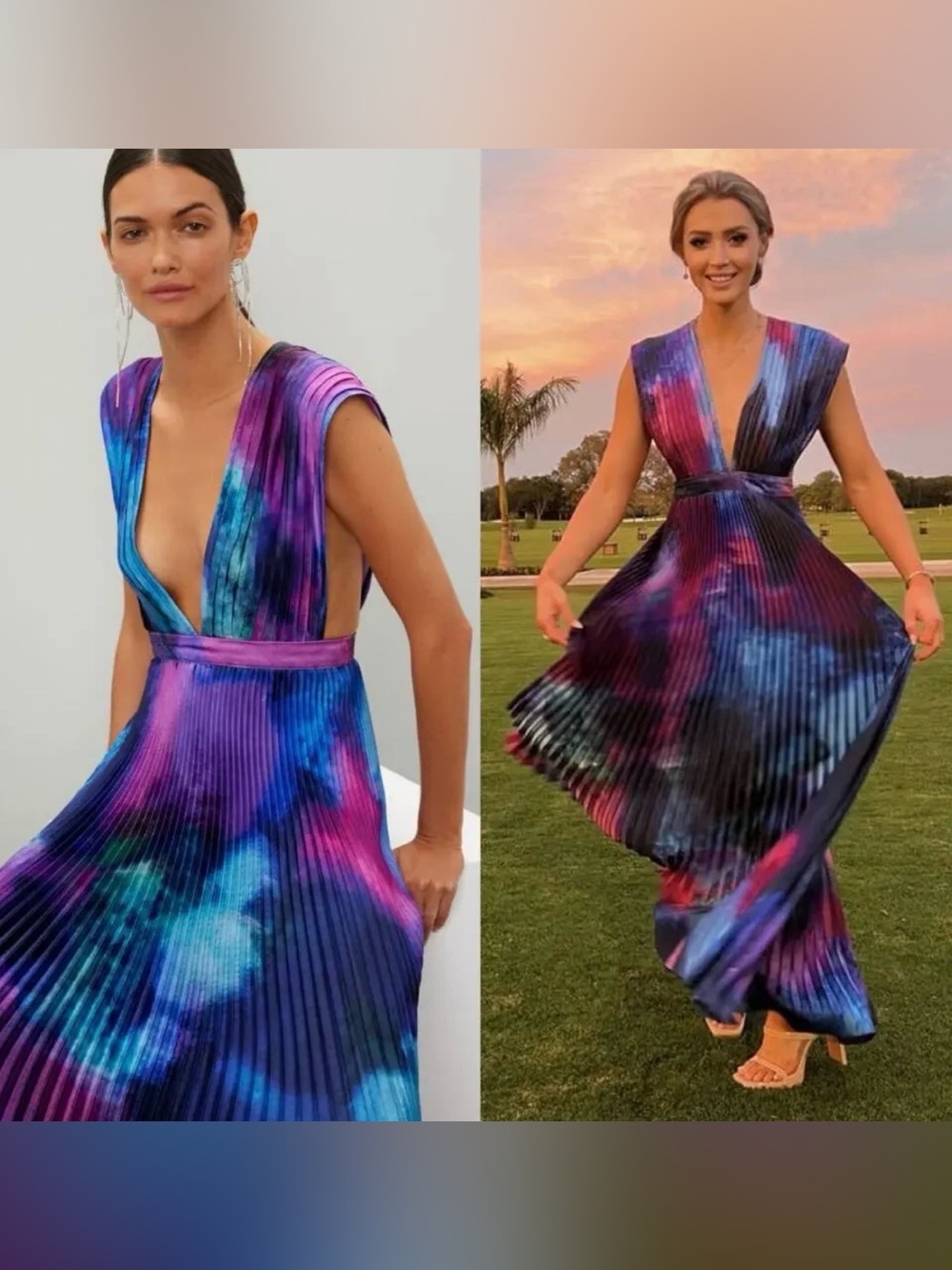 L’idée printed gala dress Plunging V-Neck Pleated Maxi Dress in Multi-Color